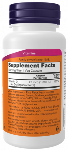 NOW Вегетарианский Витамин D в сухой форме 1000 МЕ, 120 капсул