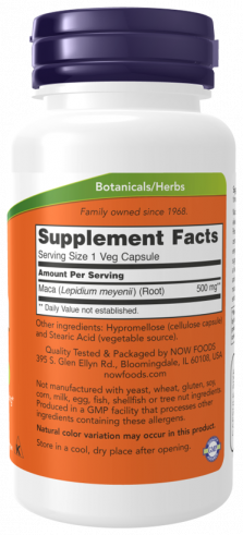 NOW Maca 500 mg, Мака перуанская 500 мг, 100 капсул