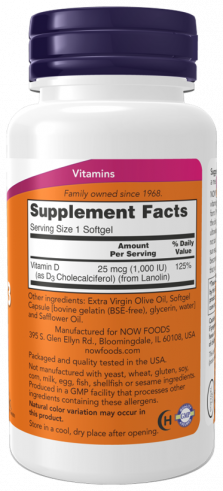 NOW Vitamin D-3 1000 IU, 180 капсул